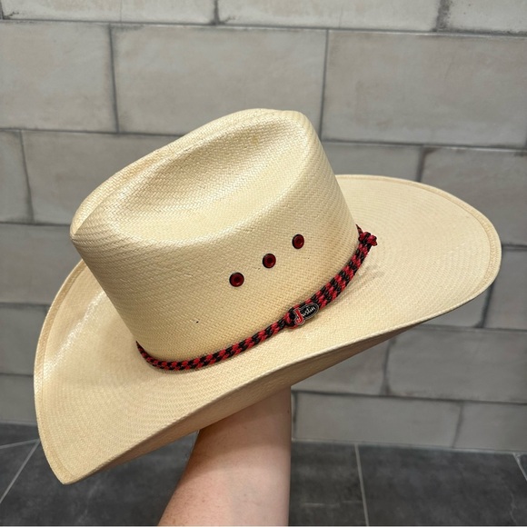 Justin straw cowboy hat western cowgirl red black tan 7 long oval 6X regal Toyo - Picture 16 of 16